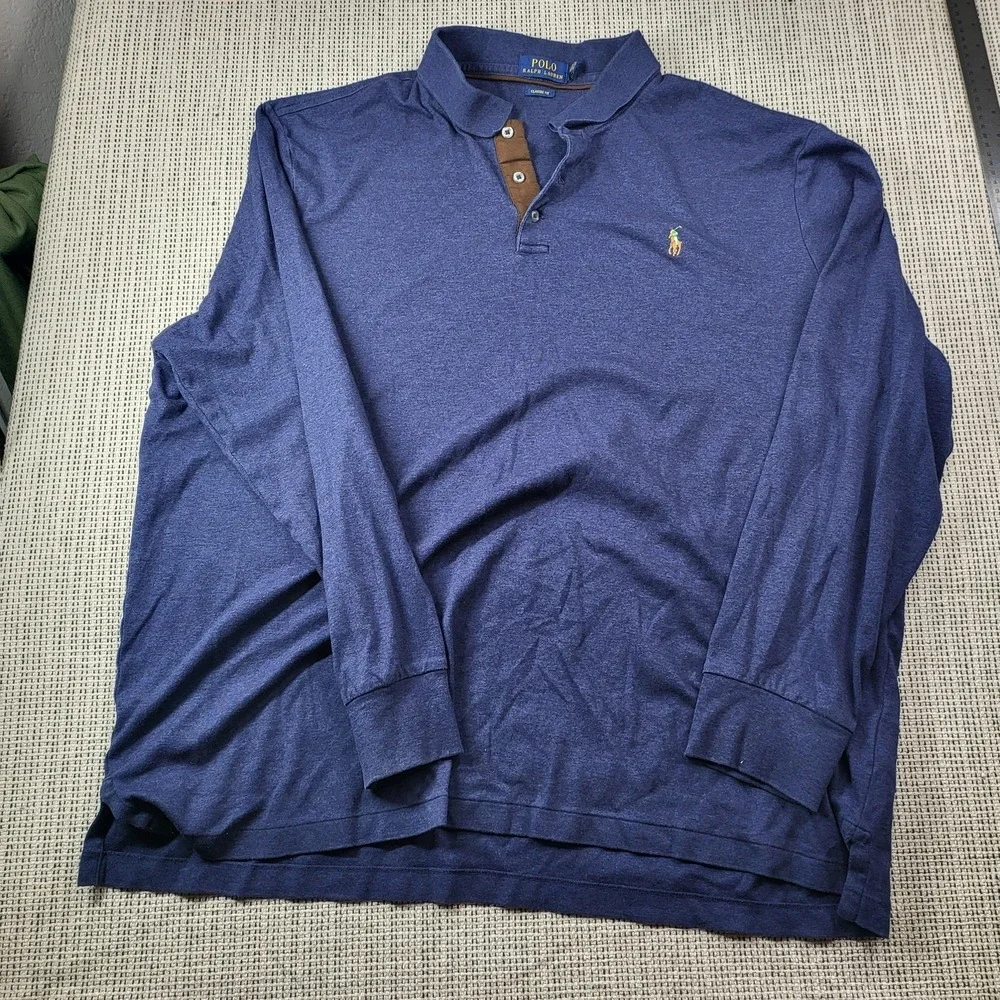 Polo Ralph‎ Lauren Polo Shirt Mens 2XL Blue Solid Classic Fit Long Sleeve Casual
